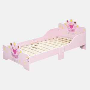 HOMCOM Cama de Criança +3 anos 143x73x60 cm Cama de Criança em Madeira com Estampado de Coroa Carga 50 kg para Quarto Rosa