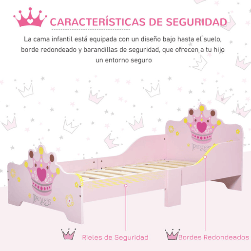 HOMCOM Cama de Criança +3 anos 143x73x60 cm Cama de Criança em Madeira com Estampado de Coroa Carga 50 kg para Quarto Rosa