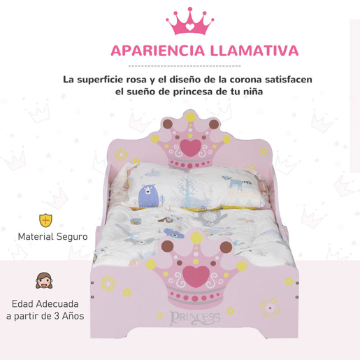 HOMCOM Cama de Criança +3 anos 143x73x60 cm Cama de Criança em Madeira com Estampado de Coroa Carga 50 kg para Quarto Rosa