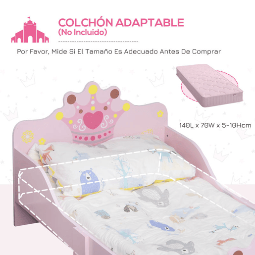 HOMCOM Cama de Criança +3 anos 143x73x60 cm Cama de Criança em Madeira com Estampado de Coroa Carga 50 kg para Quarto Rosa