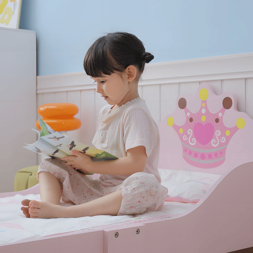 HOMCOM Cama de Criança +3 anos 143x73x60 cm Cama de Criança em Madeira com Estampado de Coroa Carga 50 kg para Quarto Rosa