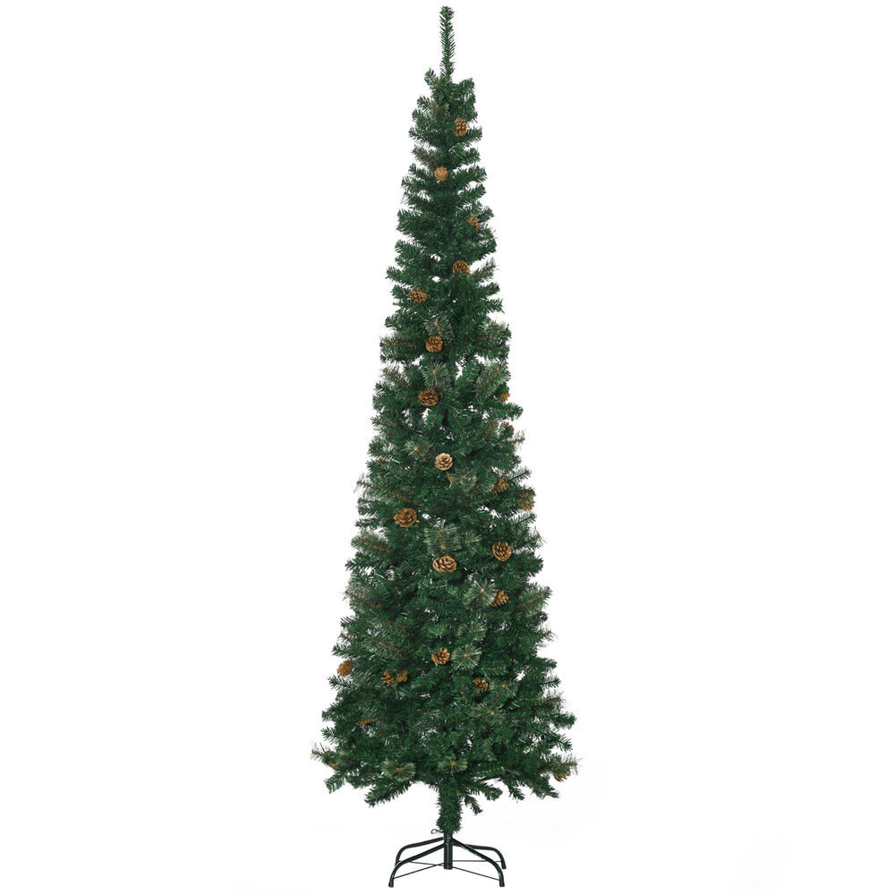 Homcom árbol de navidad grande 225 cm árbol de navideño de 706 ramas árbol de navidad estrecho forma de lápiz con 56 piñas base plegable verde