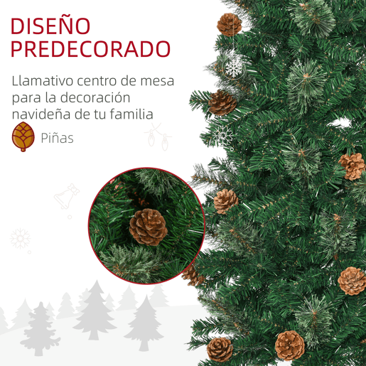 HOMCOM Árvore de Natal Artificial 225 cm Árvore de Natal com 706 Ramos Árvore de Natal Estreita Slim com 56 Pinhas Base Dobrável Ø58x225 cm Verde