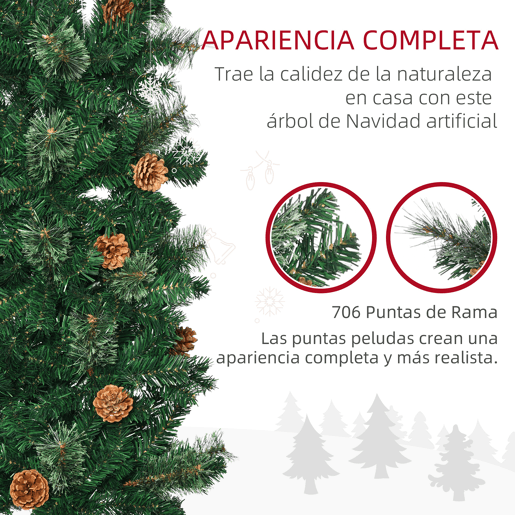 HOMCOM Árvore de Natal Artificial 225 cm Árvore de Natal com 706 Ramos Árvore de Natal Estreita Slim com 56 Pinhas Base Dobrável Ø58x225 cm Verde