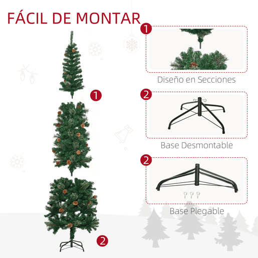 HOMCOM Árvore de Natal Artificial 225 cm Árvore de Natal com 706 Ramos Árvore de Natal Estreita Slim com 56 Pinhas Base Dobrável Ø58x225 cm Verde