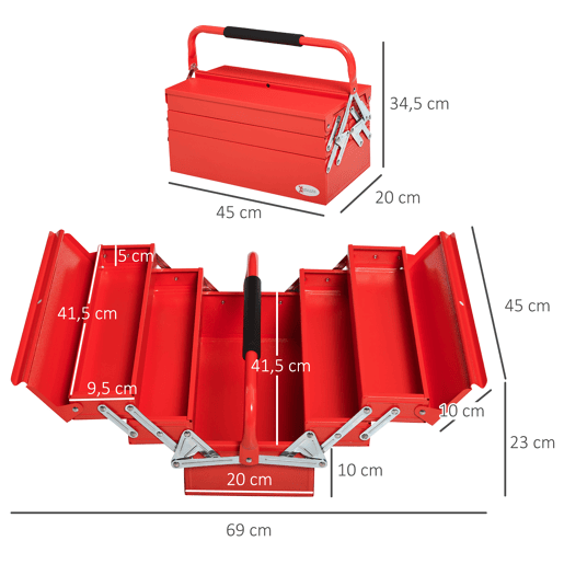 DURHAND Caixa de ferramentas dobrável de aço com 5 compartimentos Maleta de ferramentas com alça 45x22,5x34,5 cm Vermelho