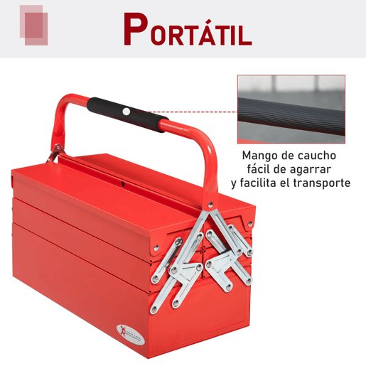 DURHAND Caixa de ferramentas dobrável de aço com 5 compartimentos Maleta de ferramentas com alça 45x22,5x34,5 cm Vermelho