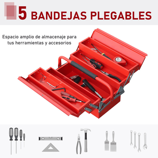 DURHAND Caixa de ferramentas dobrável de aço com 5 compartimentos Maleta de ferramentas com alça 45x22,5x34,5 cm Vermelho