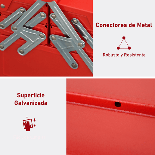 DURHAND Caixa de ferramentas dobrável de aço com 5 compartimentos Maleta de ferramentas com alça 45x22,5x34,5 cm Vermelho
