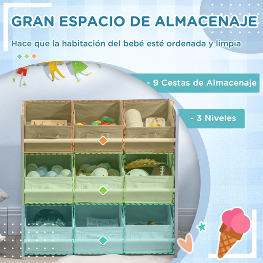 ZONEKIZ Estante para Brinquedos com 9 Caixas de Tecido não Tecido Amovíveis Organizador de Brinquedos para Dormitório Escola Infantil 63x30x60 cm