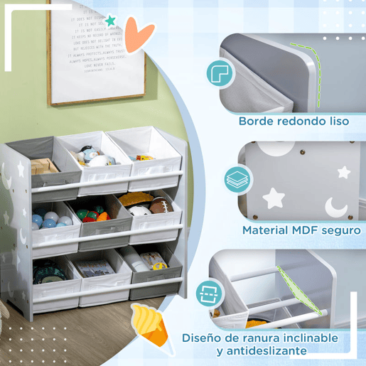 ZONEKIZ Estante para Brinquedos com 9 Caixas de Tecido não Tecido Amovíveis Organizador de Brinquedos para Dormitório Escola Infantil 63x30x60 cm