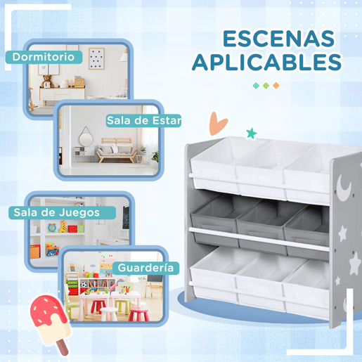 ZONEKIZ Estante para Brinquedos com 9 Caixas de Tecido não Tecido Amovíveis Organizador de Brinquedos para Dormitório Escola Infantil 63x30x60 cm