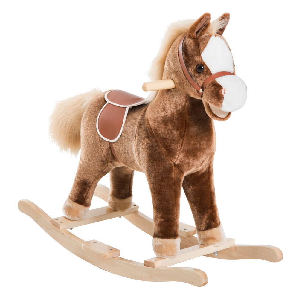 Homcom caballo balancín para niños de +3 años caballo de juguete con asas marco de metal y base de madera carga 40 kg 74x33x62 cm marrón