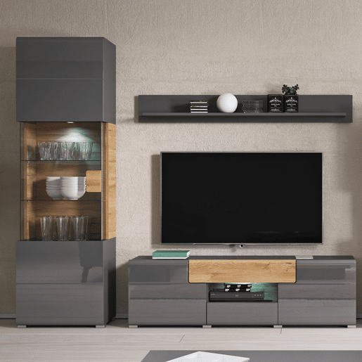 Vitrina 1 porta com LED Jules Cinzento e Madeira