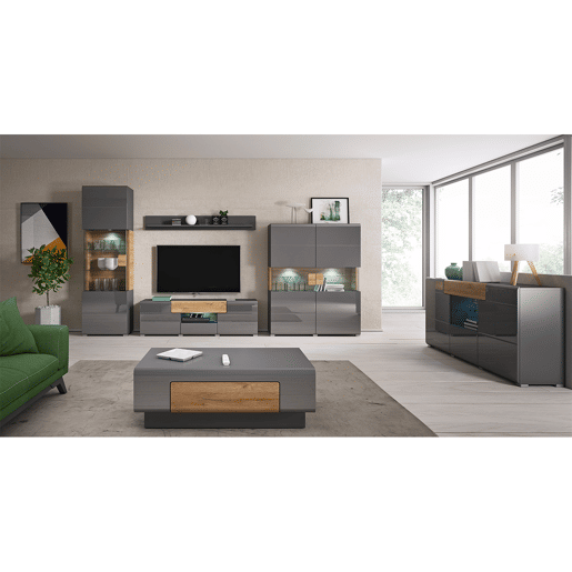 Vitrina 1 porta com LED Jules Cinzento e Madeira