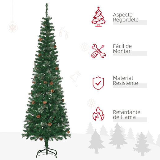 HOMCOM Árvore de Natal Artificial 195 cm Árvore de Natal com 556 Ramos Árvore de Natal Estreita Slim com 25 Pinhas Base Dobrável Ø54x195 cm Verde
