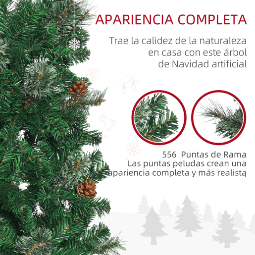 HOMCOM Árvore de Natal Artificial 195 cm Árvore de Natal com 556 Ramos Árvore de Natal Estreita Slim com 25 Pinhas Base Dobrável Ø54x195 cm Verde