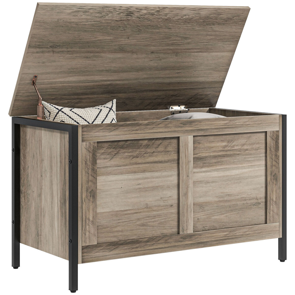 Homcom baúl de almacenaje para dormitorio 95 l banco de almacenaje con tapa bisagra de seguridad para pasillo salón 80x40x50 cm marrón grisáceo