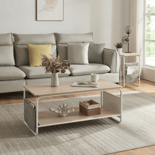 Mesa de centro Dyrøy com prateleira e saco de aço 100x50x43cm - BrancoCarvalho en.casa Mesa de centro Dyrøy com prateleira e saco de aço 100x50x43cm - BrancoCarvalho en.casa