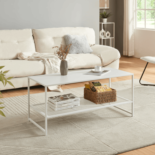 Mesa de centro Ruokolahti com prateleira em grelha de aço 102x43x46cm - Branco mate en.casa