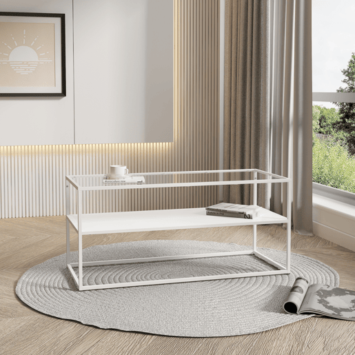 Mesa de centro Solund com 1 prateleira em açovidro 102x43x46cm - Branco mate en.casa