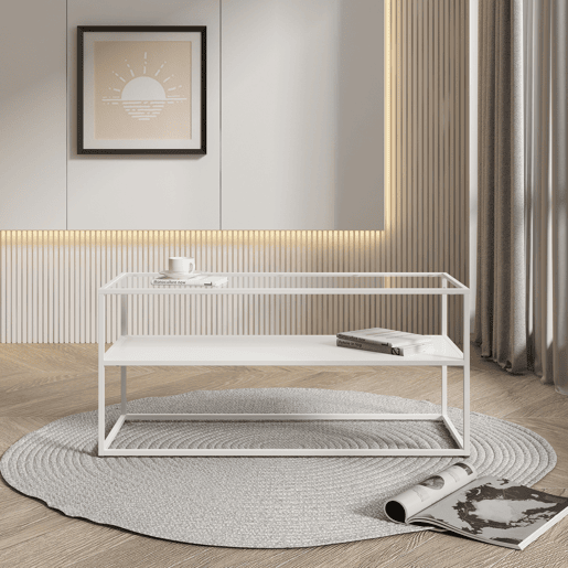 Mesa de centro Solund com 1 prateleira em açovidro 102x43x46cm - Branco mate en.casa