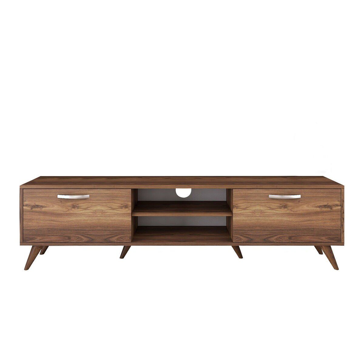 Mueble tv, 2 puertas abatibles, 2 nichos abiertos en el medio decorado en madera de nogal l180 cm