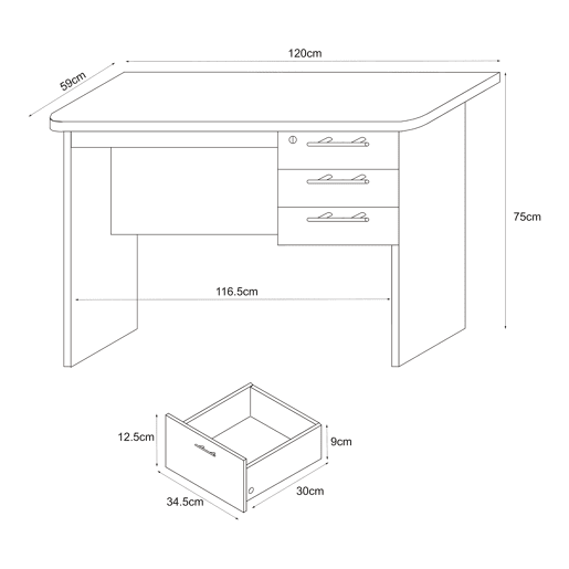 Secretária Ragunda com 3 gavetas em aglomerado 120x59x75cm - Efeito madeira en.casa