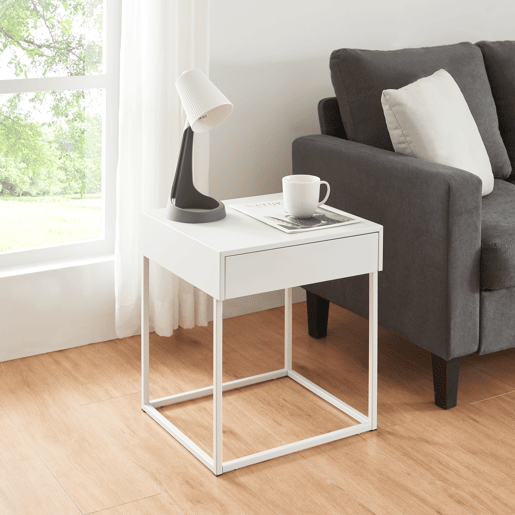 Mesa de apoio Rautjärvi com gaveta em aço 50x43x41cm - Branco mate en.casa
