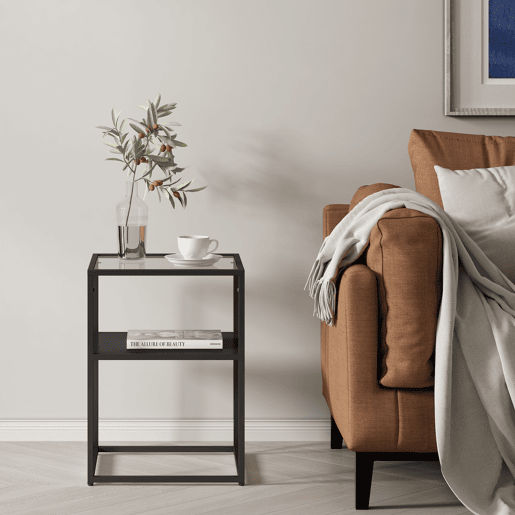 Mesa de apoio Solund com prateleira em açovidro 55x40x40cm - Preto mate en.casa