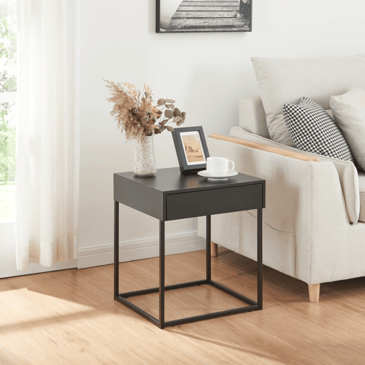 Mesa de apoio Rautjärvi com gaveta em aço 50x43x41cm - Preto mate en.casa