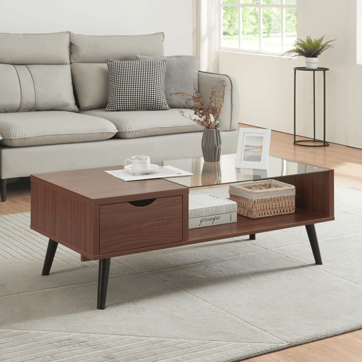 Mesa de centro Markaryd com gaveta de aglomeradovidro 110x50x40cm - Nogueira en.casa