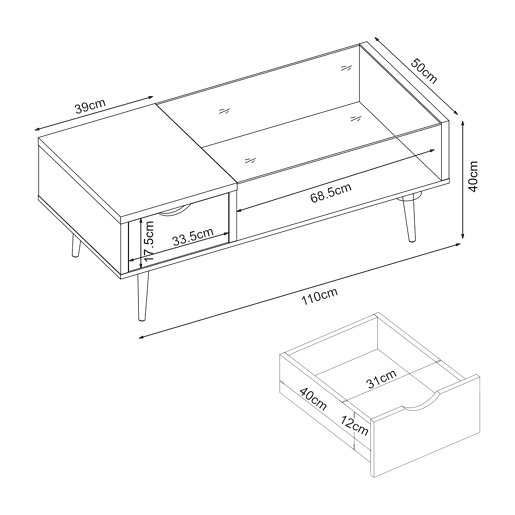Mesa de centro Markaryd com gaveta de aglomeradovidro 110x50x40cm - Nogueira en.casa