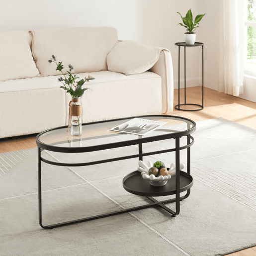 Mesa de centro Kumla oval de metal e vidro 90x43x46cm - Preto en.casa