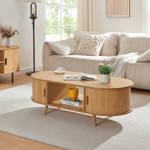 Mesa de centro Nordkapp com prateleiras MDF bambu 120x55x40cm - Natural en.casa