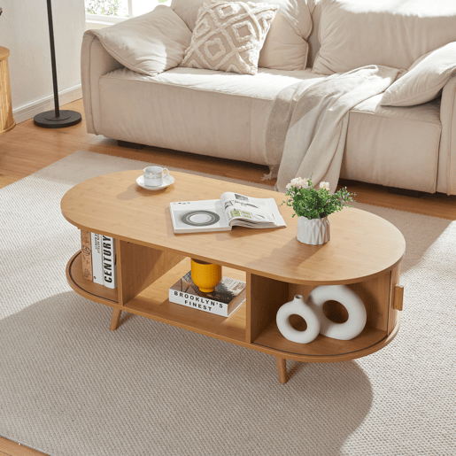 Mesa de centro Nordkapp com prateleiras MDF bambu 120x55x40cm - Natural en.casa