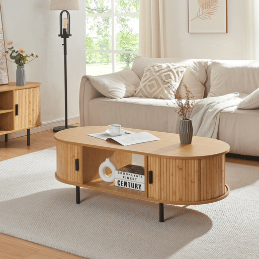 Mesa de centro Tvedestrand com portas de bambu 120x55x40cm - NaturalPreto en.casa