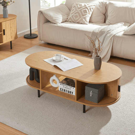 Mesa de centro Tvedestrand com portas de bambu 120x55x40cm - NaturalPreto en.casa