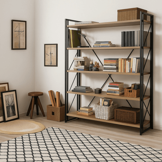 Estante de livros com efeito madeira