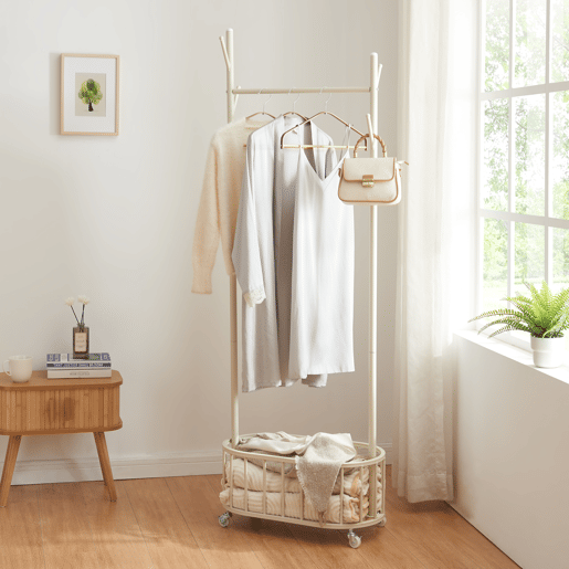 Bengaleiro de burro Risør com rodas cesto de aço 175x60x32cm - Branco en.casa