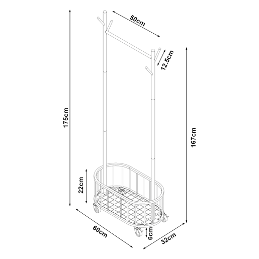 Bengaleiro de burro Risør com rodas cesto de aço 175x60x32cm - Branco en.casa