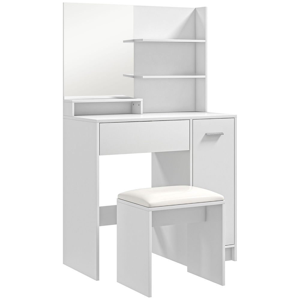 Homcom tocador de maquillaje con taburete, tocador con espejo, estantes abiertos, cajón y estante ajustable, anti-vuelco, para dormitorio, salón y vestidor, blanco