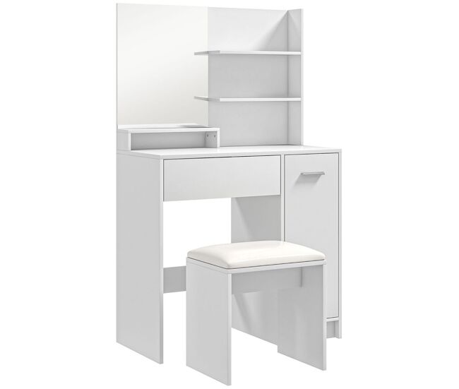 Homcom tocador de maquillaje con taburete, tocador con espejo, estantes abiertos, cajón y estante ajustable, anti-vuelco, para dormitorio, salón y vestidor, blanco