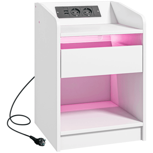 HOMCOM Mesa de Cabeceira com Luzes LED Mesa de Cabeceira com Gaveta Prateleira Estação de Carregamento Entrada USB e Controlo Remoto 40x40x58 cm Branco