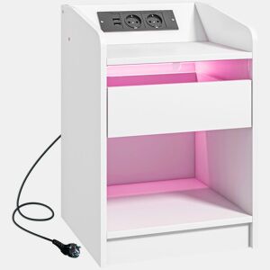 HOMCOM Mesa de Cabeceira com Luzes LED Mesa de Cabeceira com Gaveta Prateleira Estação de Carregamento Entrada USB e Controlo Remoto 40x40x58 cm Branco