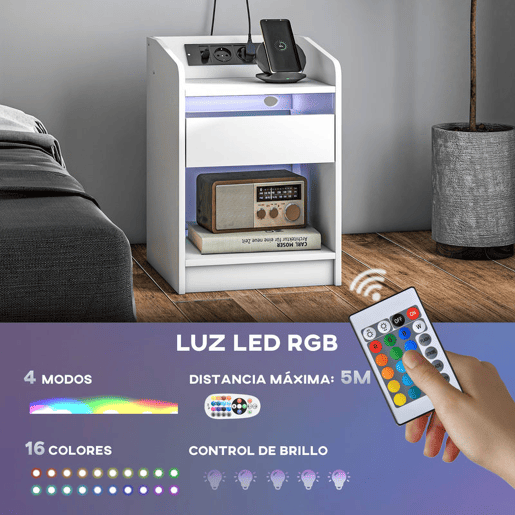 HOMCOM Mesa de Cabeceira com Luzes LED Mesa de Cabeceira com Gaveta Prateleira Estação de Carregamento Entrada USB e Controlo Remoto 40x40x58 cm Branco
