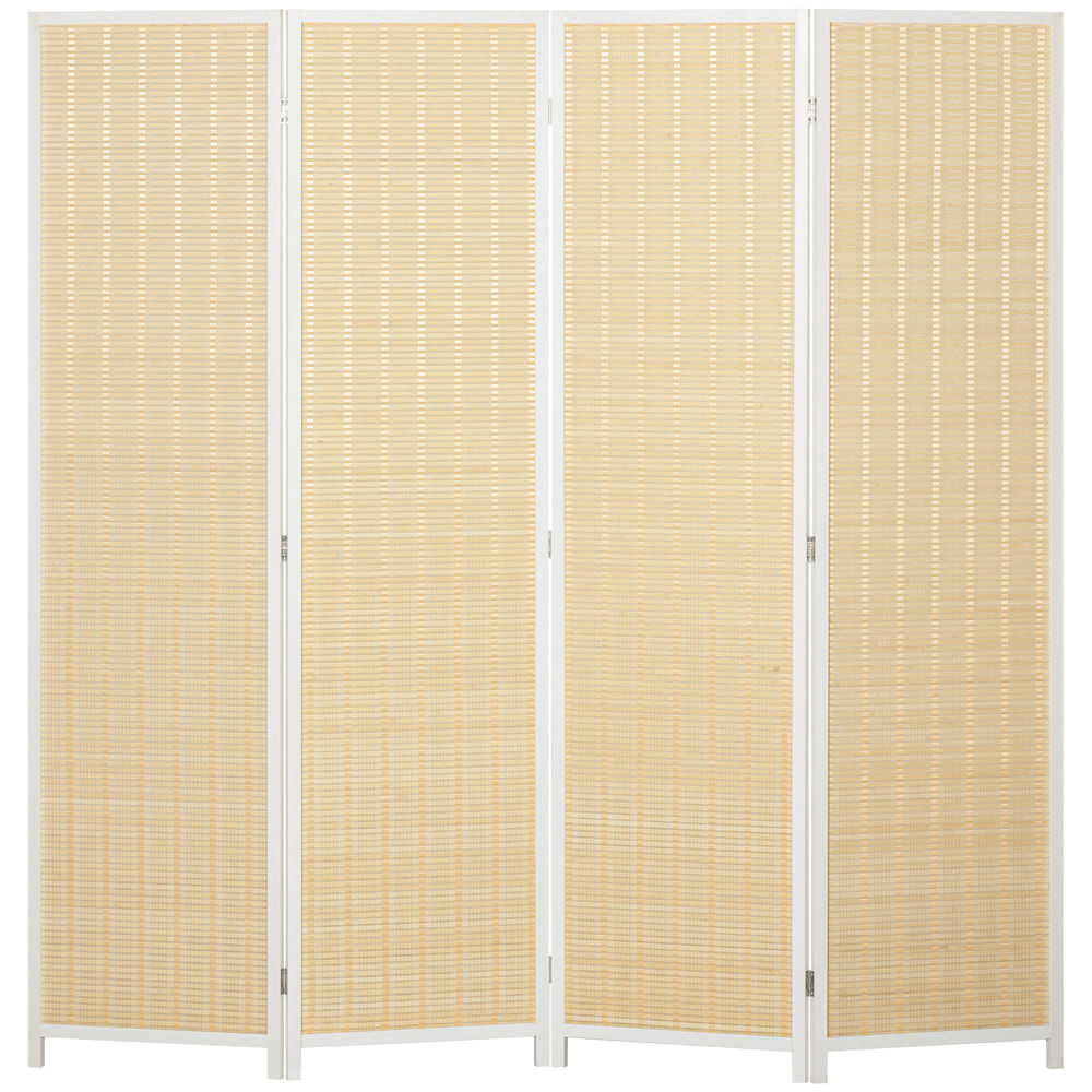 Homcom biombo de 4 paneles plegable 180x180 cm separador de ambientes divisor de habitación tejido a mano de bambú e hilo de algodón decoración elegante para salón blanco