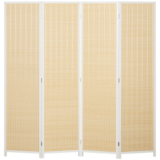 HOMCOM Biombo de 4 Painéis Dobrável 180x180 cm Separador de Ambientes Divisor de Habitação Tecido a Mão de Bambu e Fio de Algodão Decoração Elegante para Sala de Estar Branco