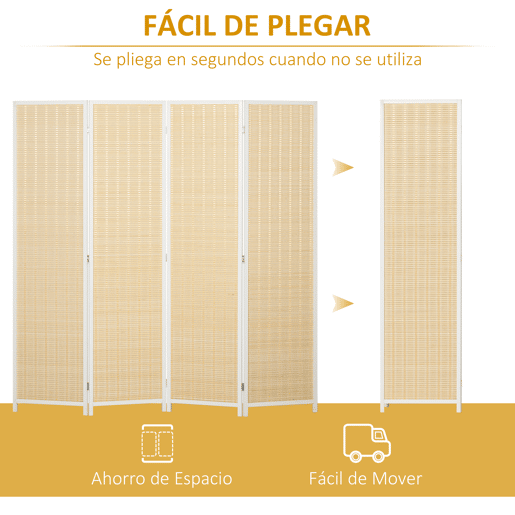 HOMCOM Biombo de 4 Painéis Dobrável 180x180 cm Separador de Ambientes Divisor de Habitação Tecido a Mão de Bambu e Fio de Algodão Decoração Elegante para Sala de Estar Branco