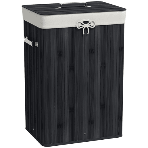 HOMCOM Cesto de Roupa Suja Dobrável com Tampa 67L, Cesto de Roupa Suja de Bambu, 2 Compartimentos, Saco Removível, para Quarto, Casa de Banho, Lavandaria, 40x30x60 cm, Preto
